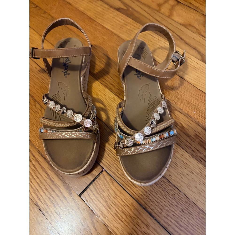 Jellypop Women Tan Cork Wedge Sandals Coin Beaded Strappy Platform Shoes Size 8M